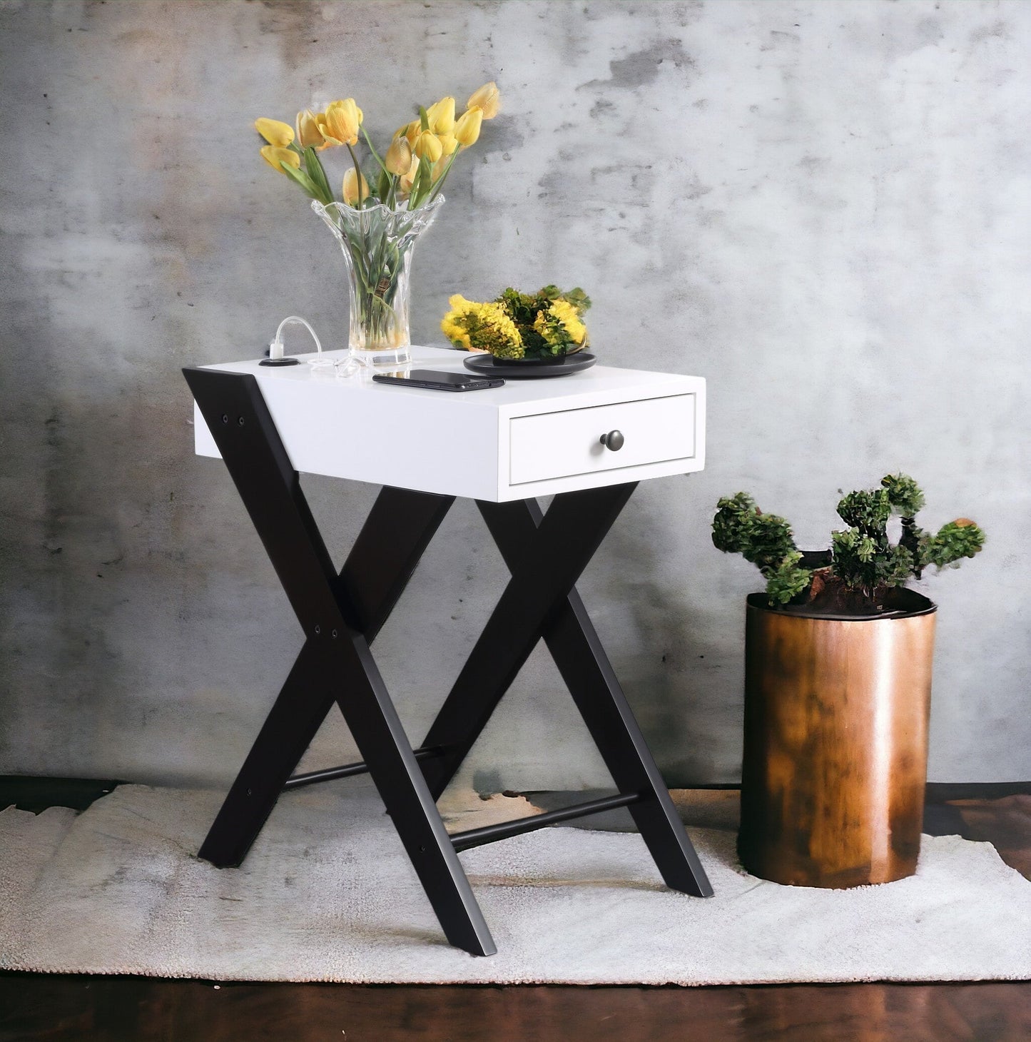 Fierce White and Black Accent Table with Built-in USB Port - 1st Choice Furniture Direct