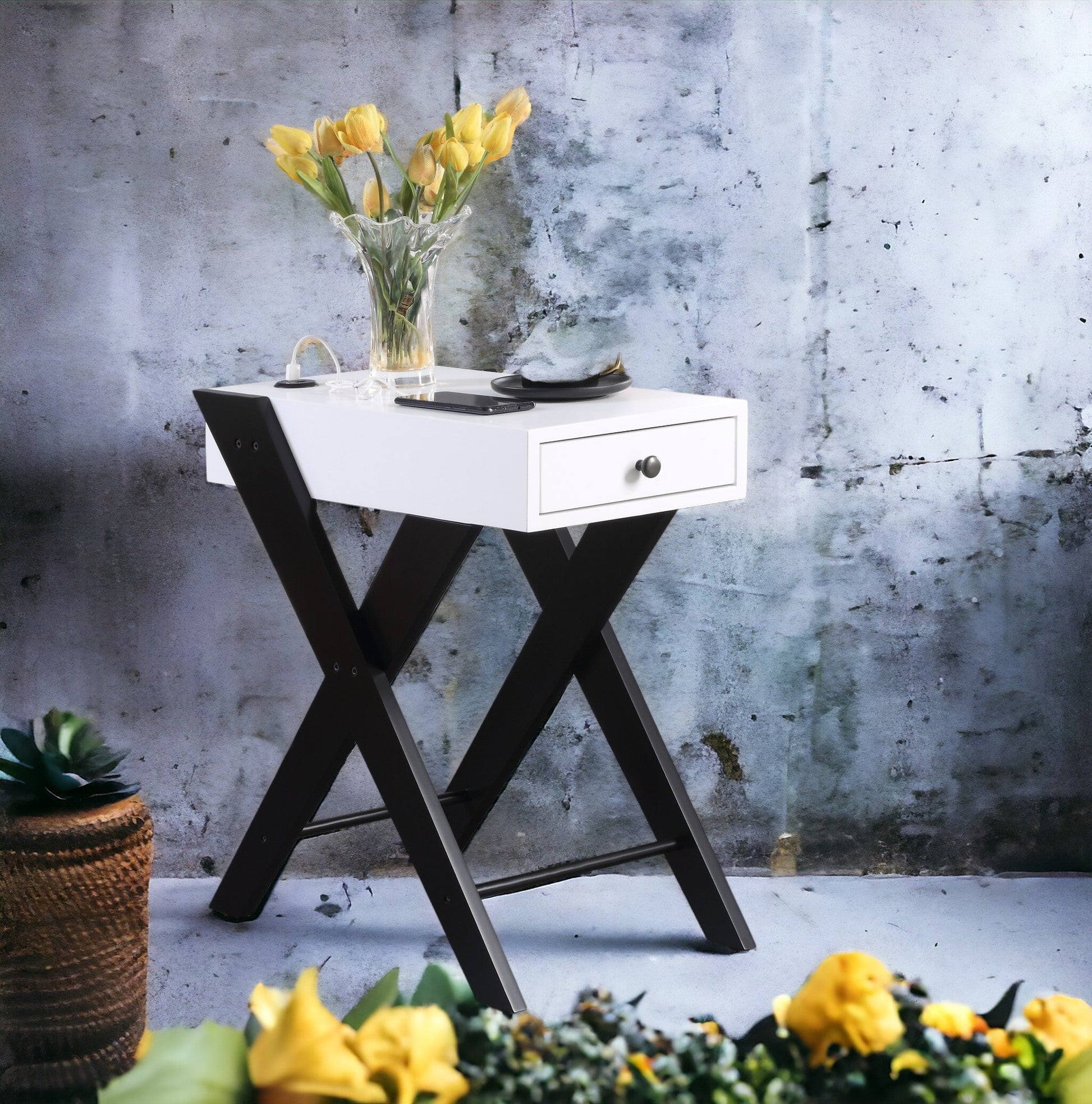 Fierce White and Black Accent Table with Built-in USB Port - 1st Choice Furniture Direct