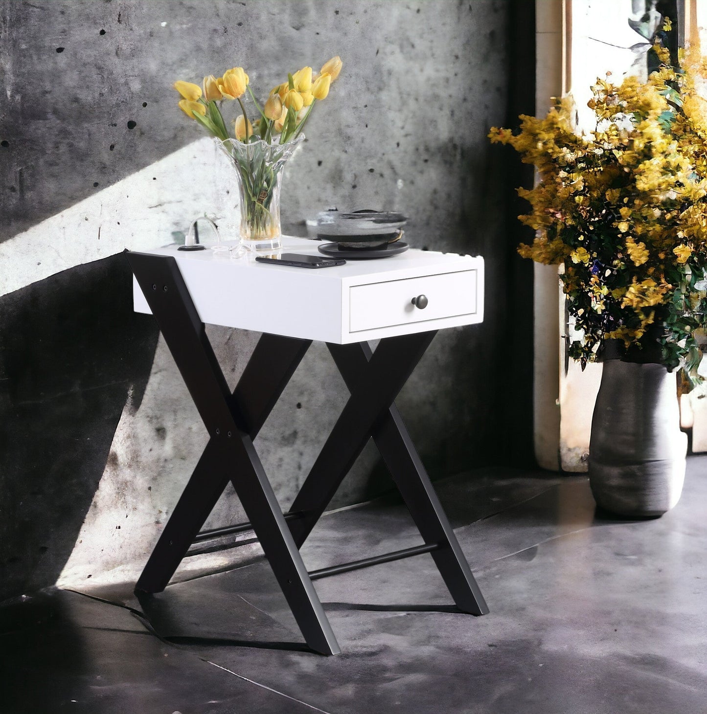 Fierce White and Black Accent Table with Built-in USB Port - 1st Choice Furniture Direct