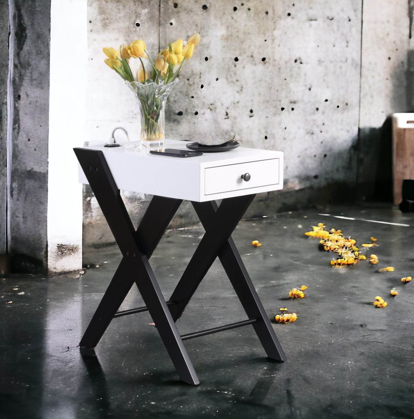 Fierce White and Black Accent Table with Built-in USB Port - 1st Choice Furniture Direct