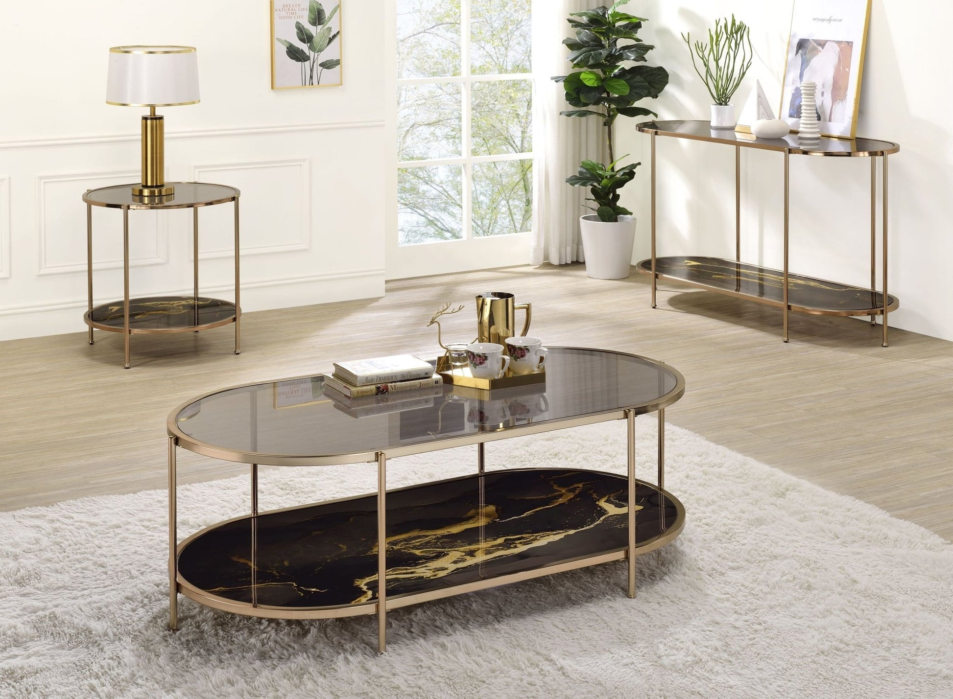 Fiorella Black Marble Print, Glass & Champagne Finish Coffee Table - 1st Choice Furniture Direct