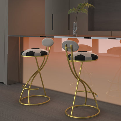 Football Print Bar Stools Set of 2 Upholstered Counter Height Barstool for Kitchen Island S - shaped Velvet Metal Dining Chairs (Gold Frame & Creamy White Back) - 1st Choice Furniture Direct