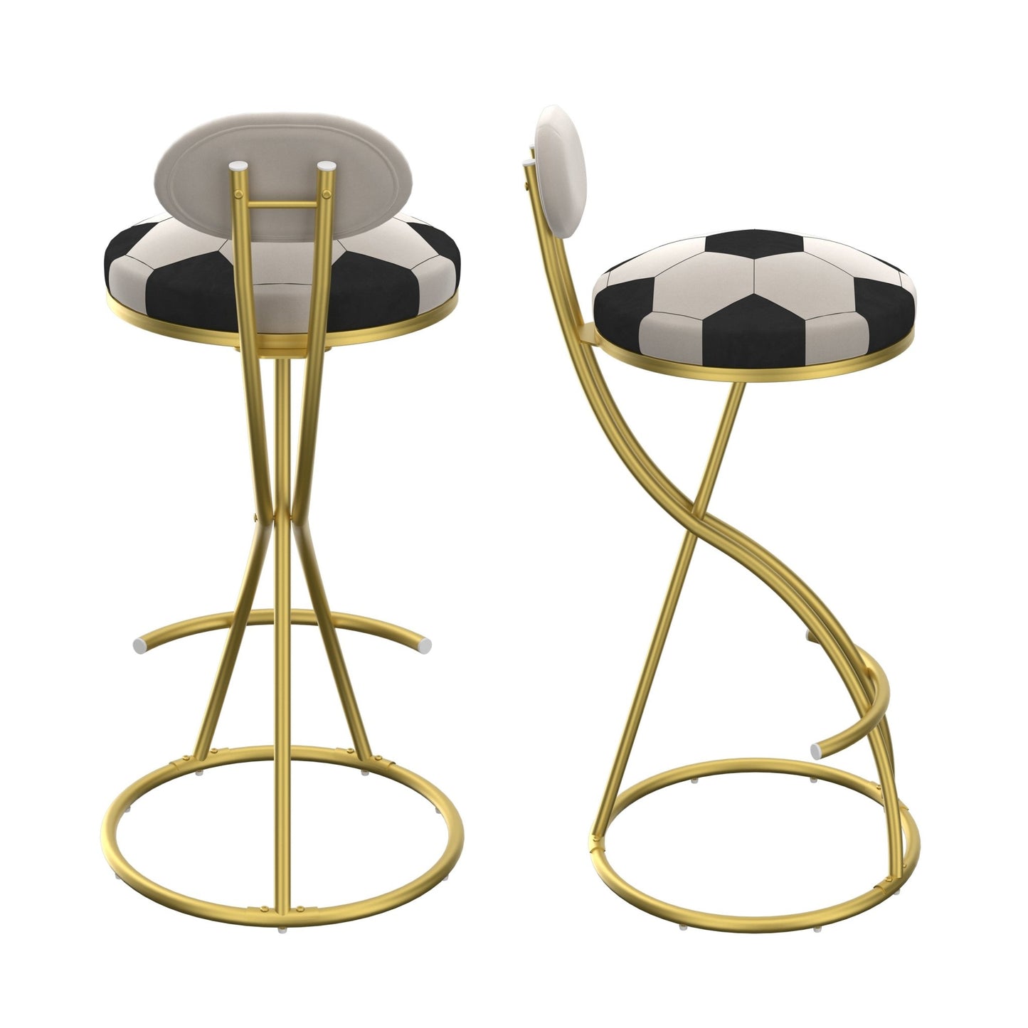 Football Print Bar Stools Set of 2 Upholstered Counter Height Barstool for Kitchen Island S - shaped Velvet Metal Dining Chairs (Gold Frame & Creamy White Back) - 1st Choice Furniture Direct