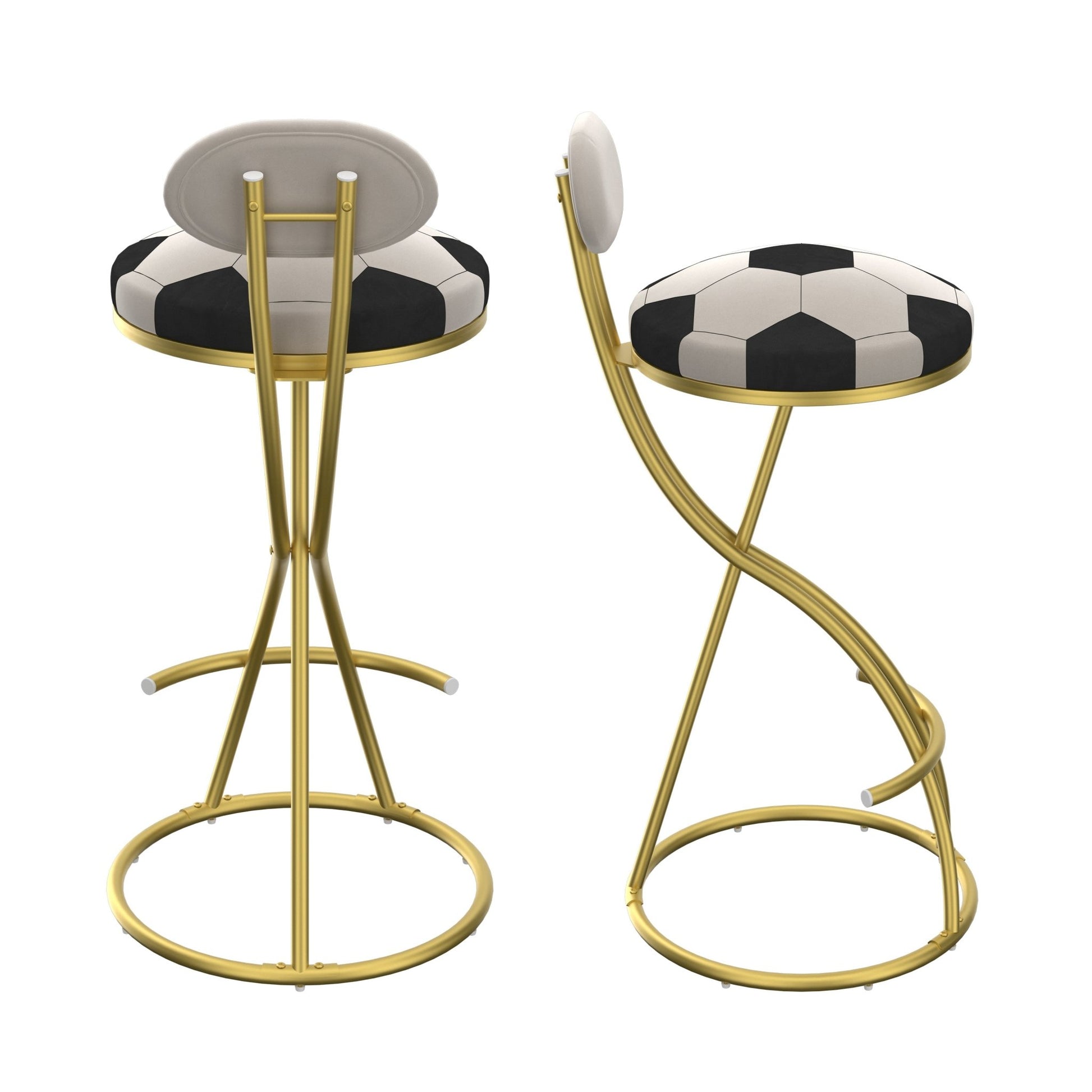 Football Print Bar Stools Set of 2 Upholstered Counter Height Barstool for Kitchen Island S - shaped Velvet Metal Dining Chairs (Gold Frame & Creamy White Back) - 1st Choice Furniture Direct