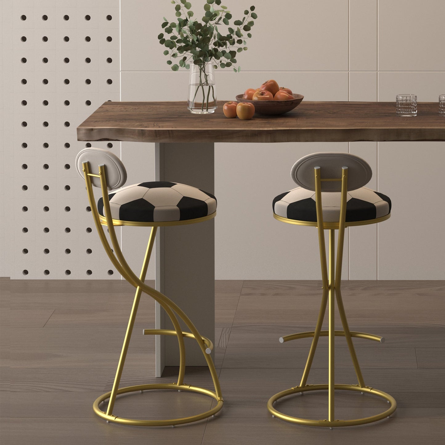 Football Print Bar Stools Set of 2 Upholstered Counter Height Barstool for Kitchen Island S - shaped Velvet Metal Dining Chairs (Gold Frame & Creamy White Back) - 1st Choice Furniture Direct