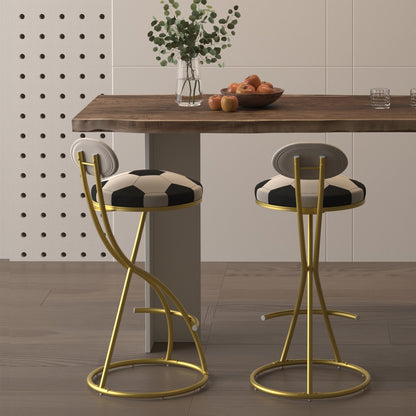 Football Print Bar Stools Set of 2 Upholstered Counter Height Barstool for Kitchen Island S - shaped Velvet Metal Dining Chairs (Gold Frame & Creamy White Back) - 1st Choice Furniture Direct