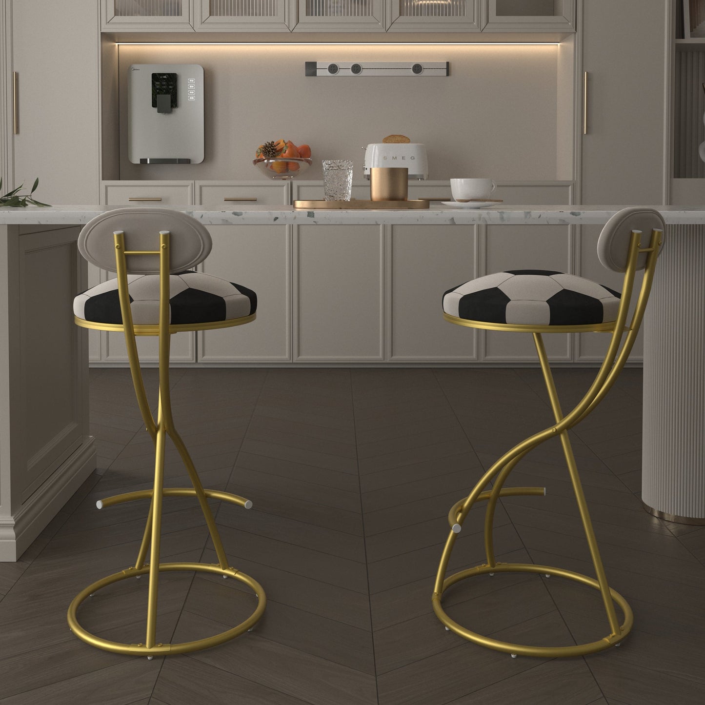 Football Print Bar Stools Set of 2 Upholstered Counter Height Barstool for Kitchen Island S - shaped Velvet Metal Dining Chairs (Gold Frame & Creamy White Back) - 1st Choice Furniture Direct