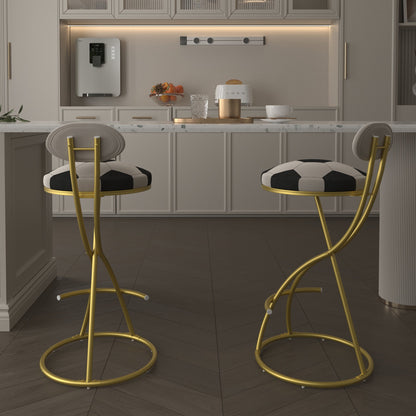 Football Print Bar Stools Set of 2 Upholstered Counter Height Barstool for Kitchen Island S - shaped Velvet Metal Dining Chairs (Gold Frame & Creamy White Back) - 1st Choice Furniture Direct