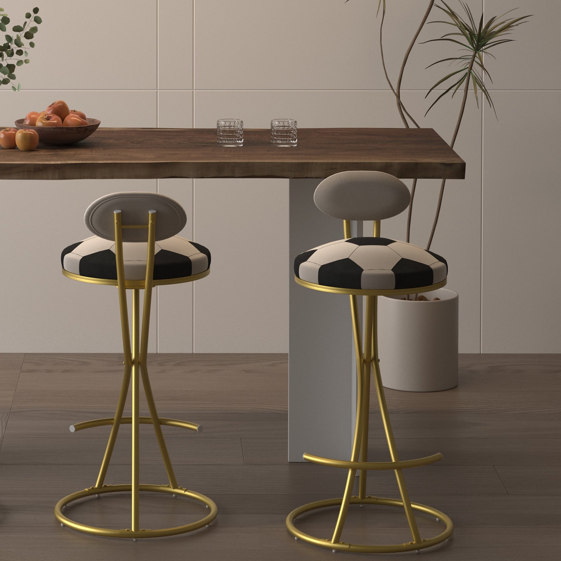 Football Print Bar Stools Set of 2 Upholstered Counter Height Barstool for Kitchen Island S - shaped Velvet Metal Dining Chairs (Gold Frame & Creamy White Back) - 1st Choice Furniture Direct