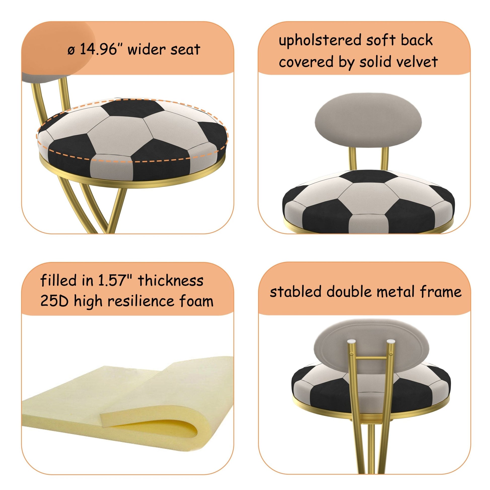 Football Print Bar Stools Set of 2 Upholstered Counter Height Barstool for Kitchen Island S - shaped Velvet Metal Dining Chairs (Gold Frame & Creamy White Back) - 1st Choice Furniture Direct