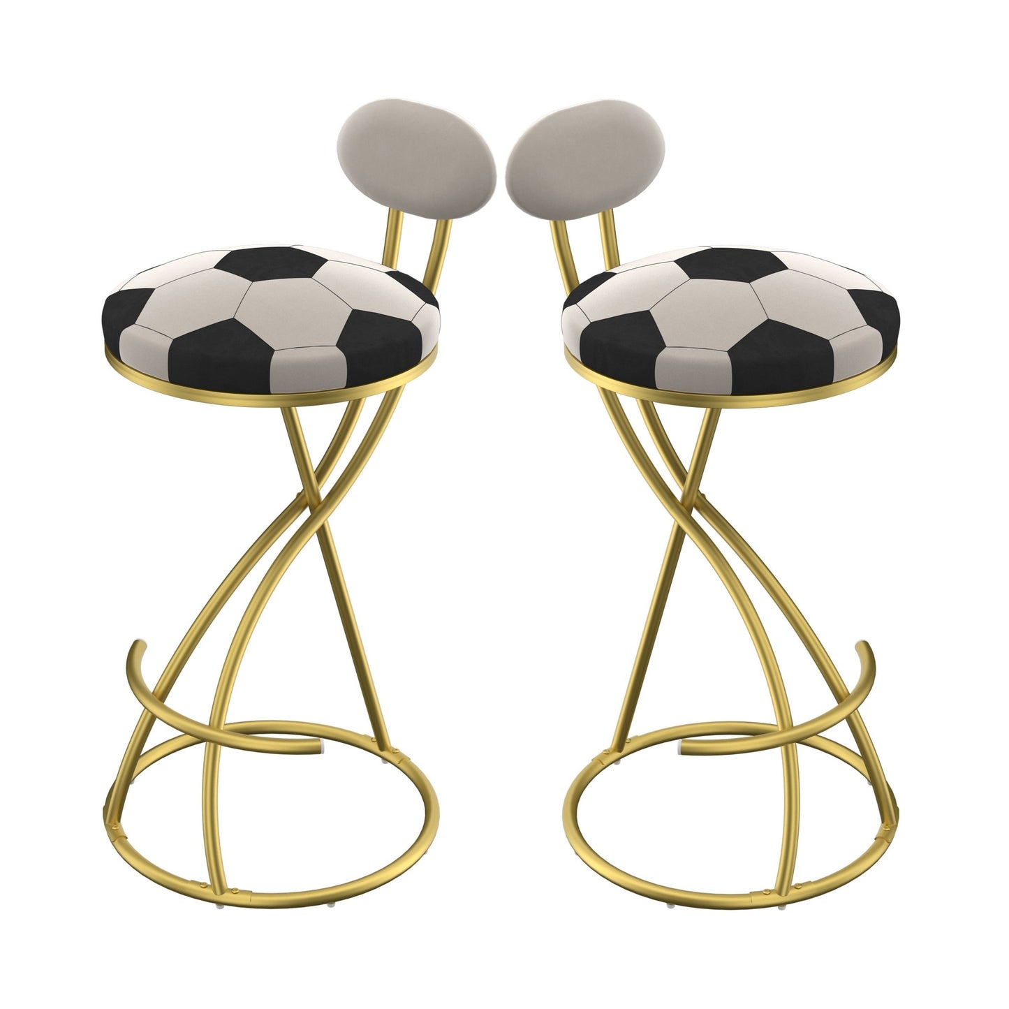 Football Print Bar Stools Set of 2 Upholstered Counter Height Barstool for Kitchen Island S - shaped Velvet Metal Dining Chairs (Gold Frame & Creamy White Back) - 1st Choice Furniture Direct