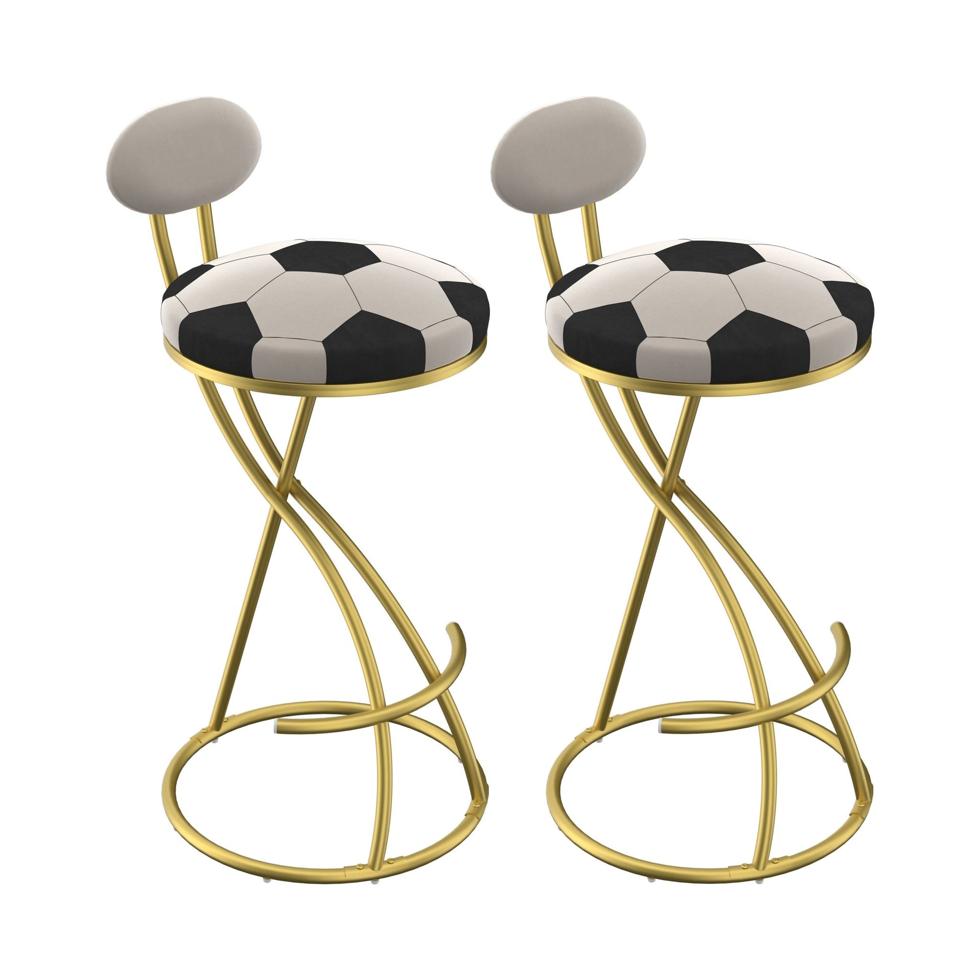 Football Print Bar Stools Set of 2 Upholstered Counter Height Barstool for Kitchen Island S - shaped Velvet Metal Dining Chairs (Gold Frame & Creamy White Back) - 1st Choice Furniture Direct
