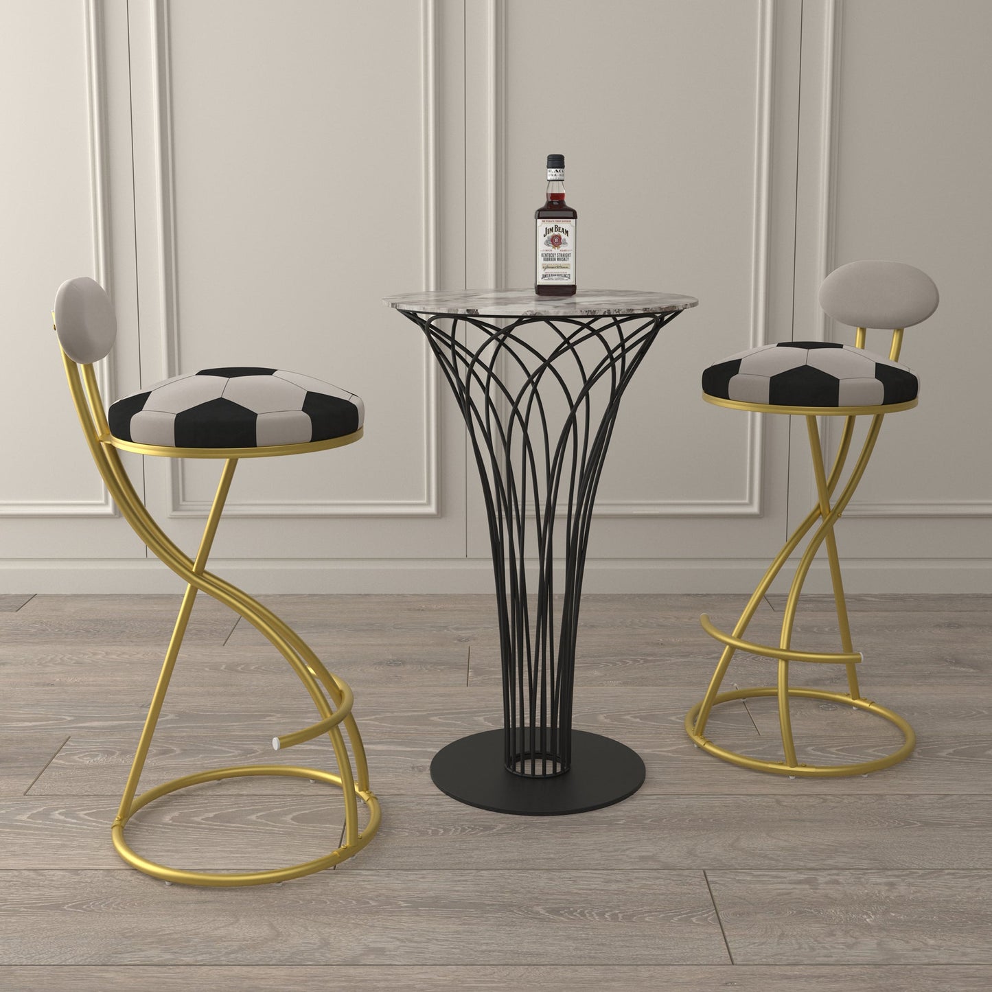 Football Print Bar Stools Set of 2 Upholstered Counter Height Barstool for Kitchen Island S - shaped Velvet Metal Dining Chairs (Gold Frame & Creamy White Back) - 1st Choice Furniture Direct