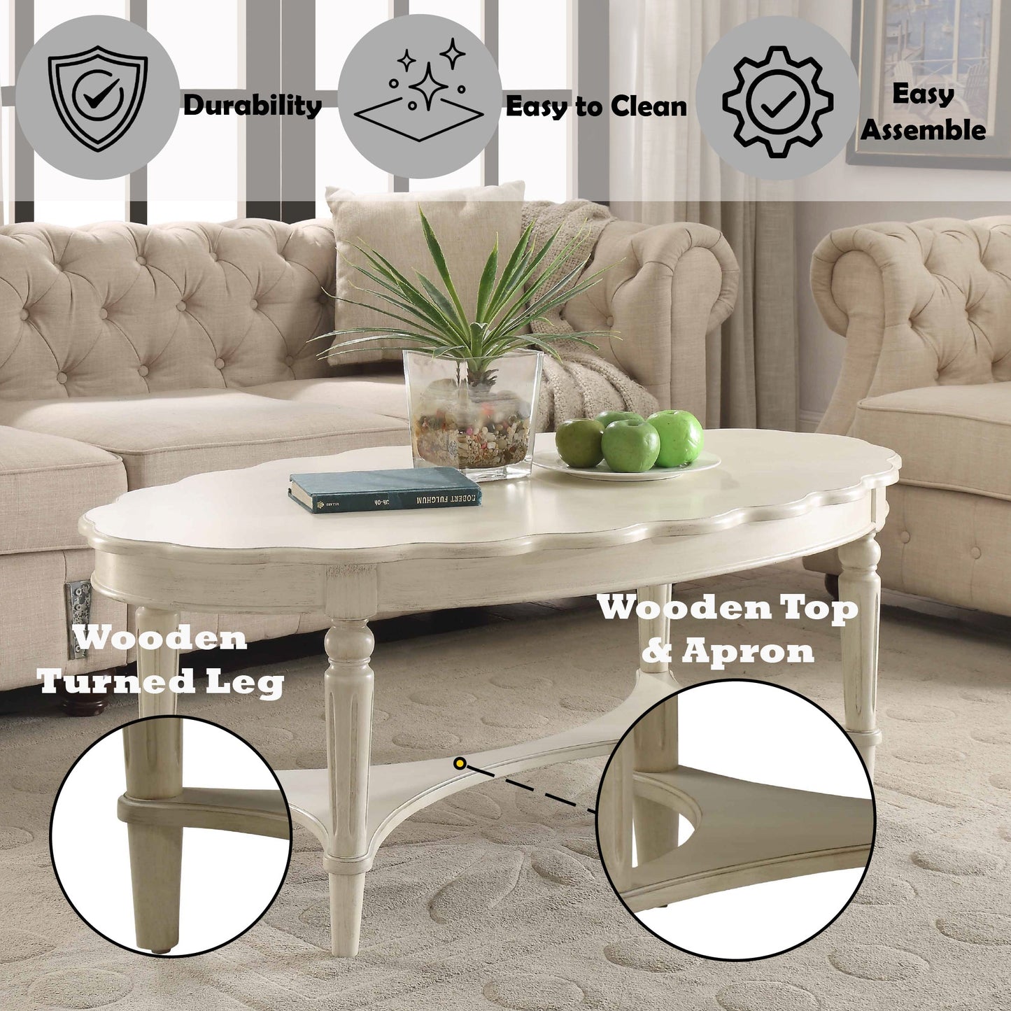 Fordon French Antique White Finish Coffee Table - 1st Choice Furniture Direct