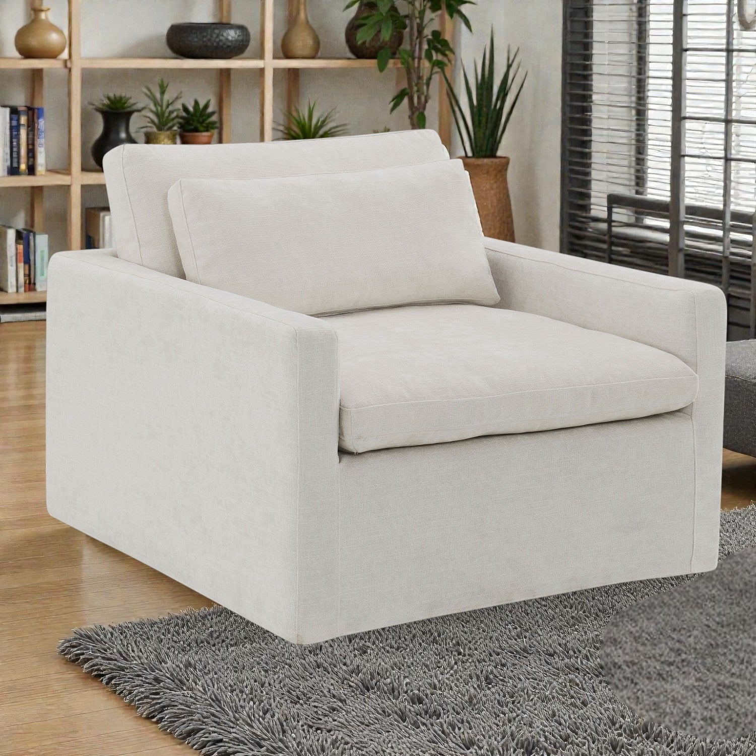 Frederick Ivory Fabric Swivel Chair w/Pillow - 1st Choice Furniture Direct