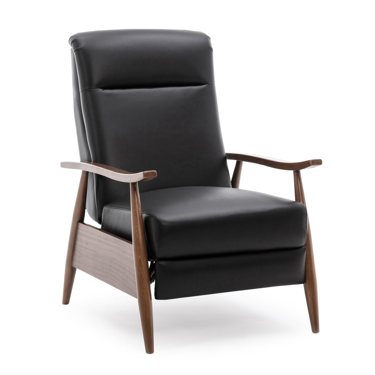 Fremont Leather Wood Arm Push Back Recliner Chair with Chestnut Brown Wood Arms - Black - 1st Choice Furniture Direct