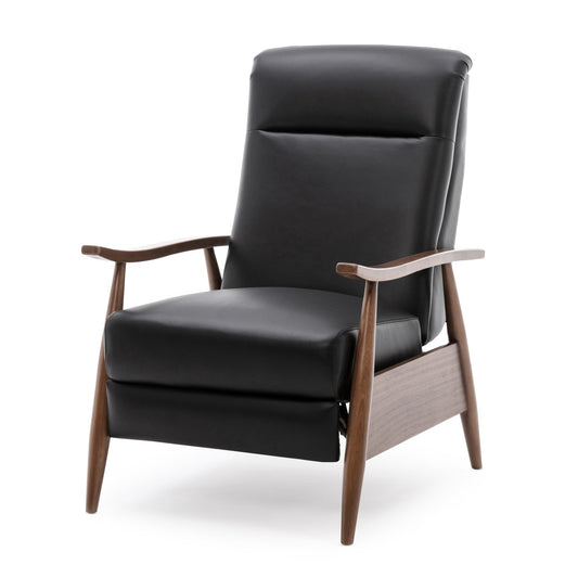 Fremont Leather Wood Arm Push Back Recliner Chair with Chestnut Brown Wood Arms - Black - 1st Choice Furniture Direct