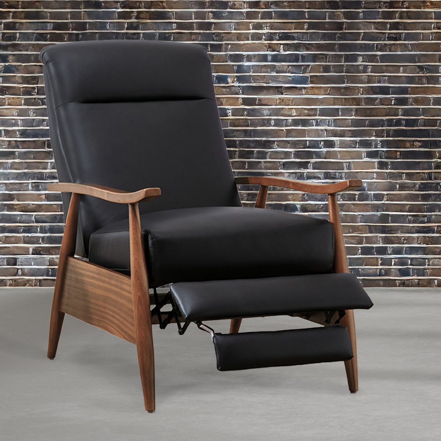 Fremont Leather Wood Arm Push Back Recliner Chair with Chestnut Brown Wood Arms - Black - 1st Choice Furniture Direct