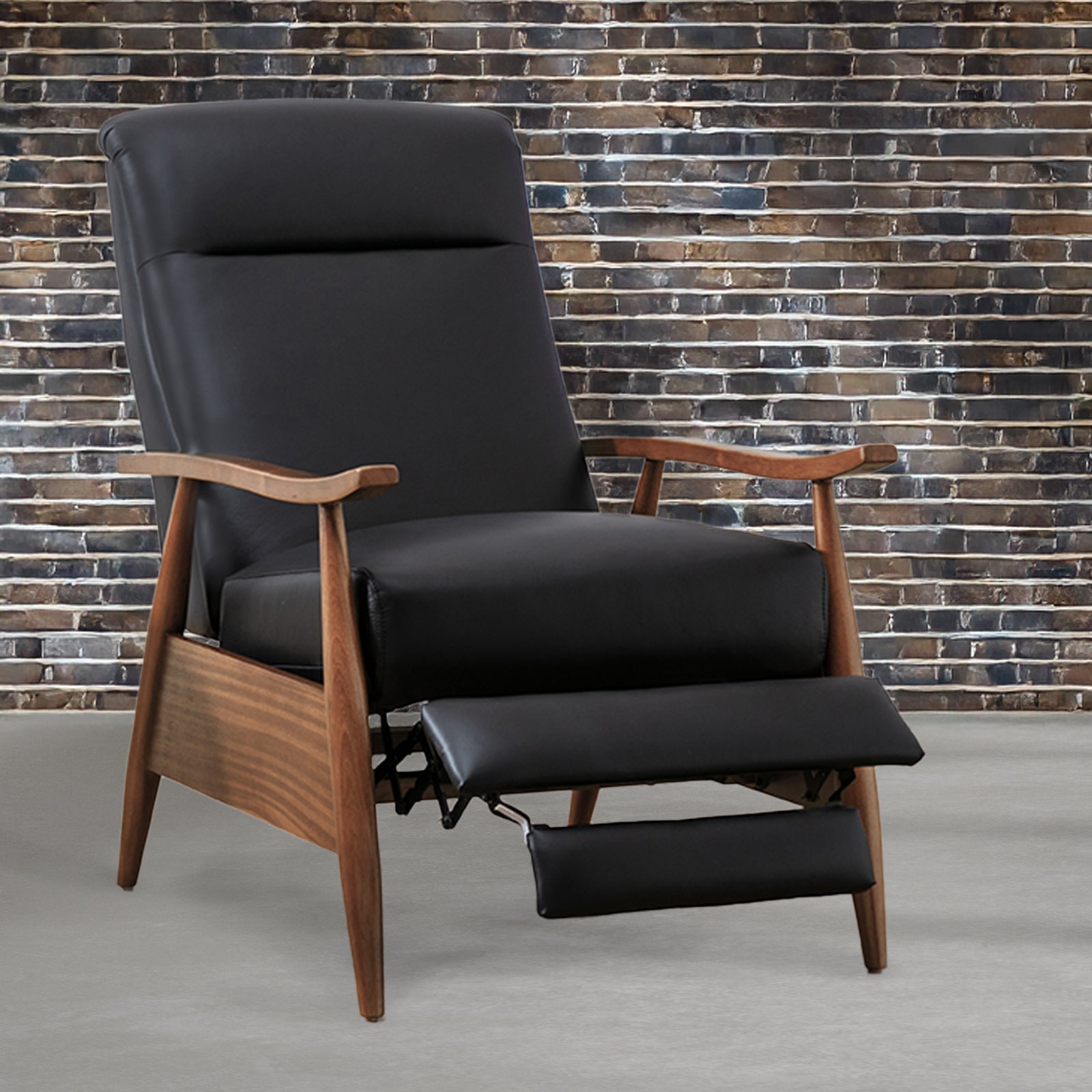 Fremont Leather Wood Arm Push Back Recliner Chair with Chestnut Brown Wood Arms - Black - 1st Choice Furniture Direct