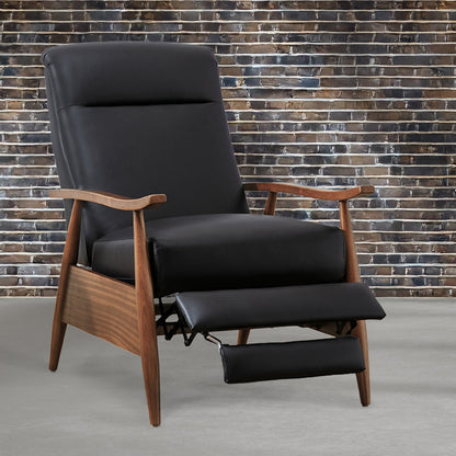 Fremont Leather Wood Arm Push Back Recliner Chair with Chestnut Brown Wood Arms - Black - 1st Choice Furniture Direct