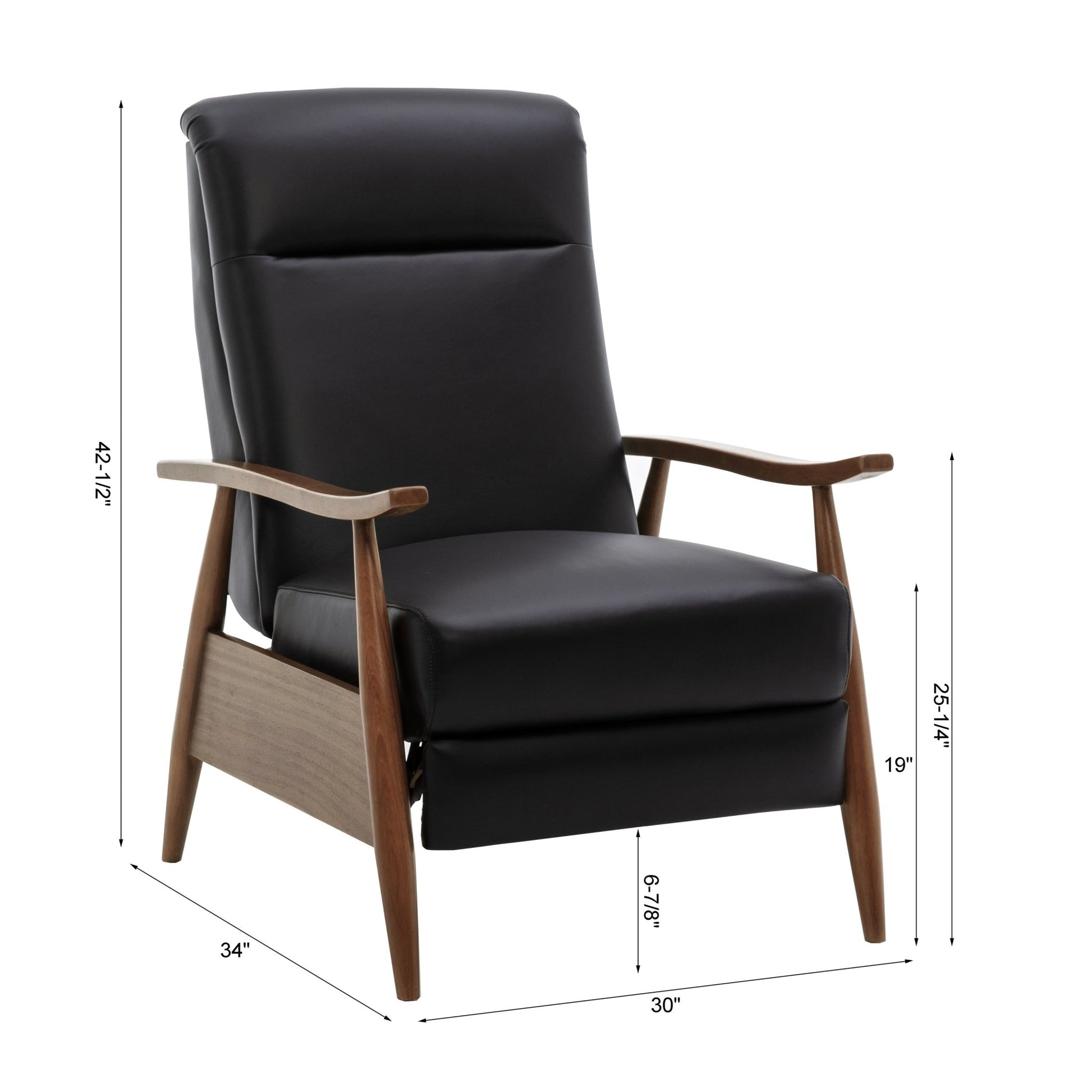Fremont Leather Wood Arm Push Back Recliner Chair with Chestnut Brown Wood Arms - Black - 1st Choice Furniture Direct