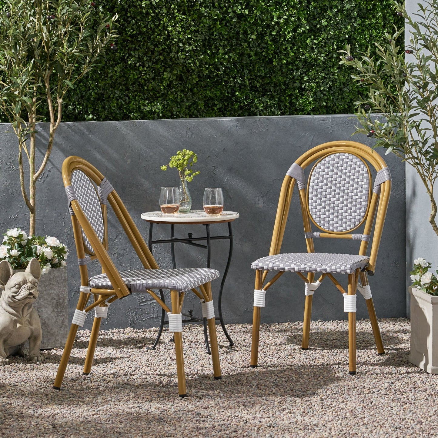 French Bistro Chair Set Outdoor Cafe Style White & Gray Rattan 18.50 x 21.50 x 35.00 inches - 1st Choice Furniture Direct