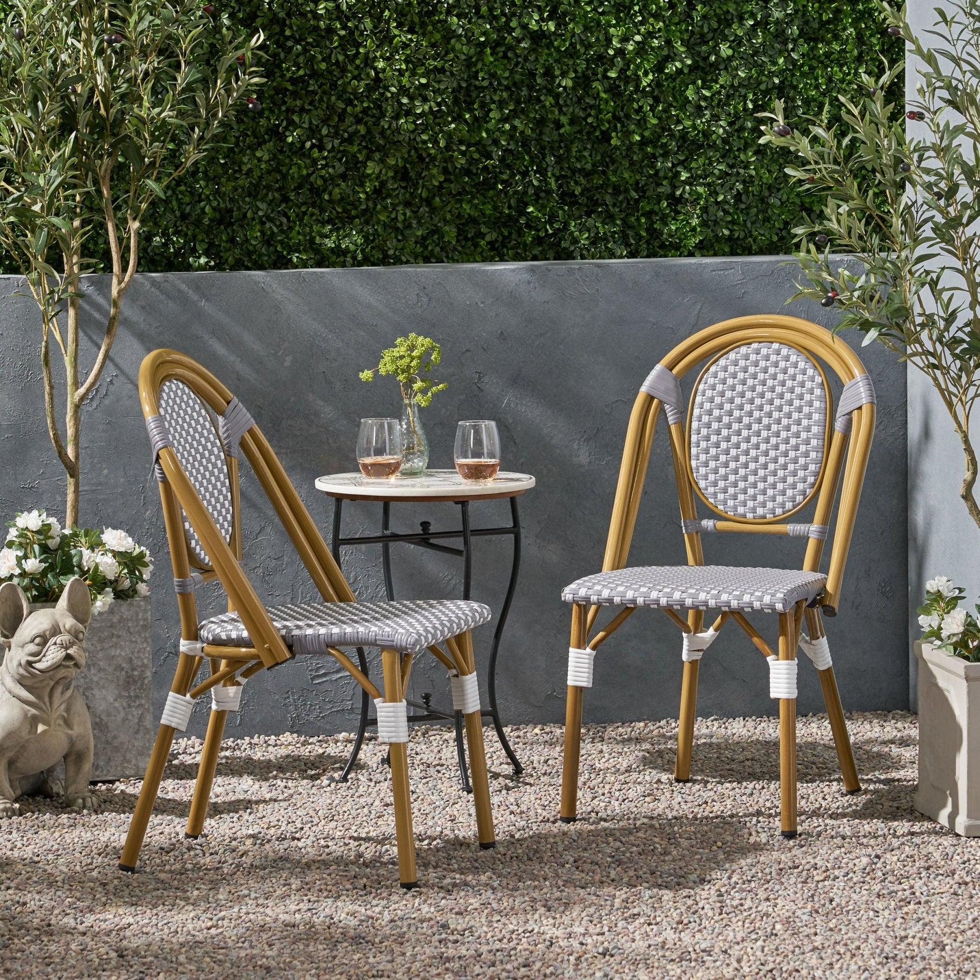 French Bistro Chair Set Outdoor Cafe Style White & Gray Rattan 18.50 x 21.50 x 35.00 inches - 1st Choice Furniture Direct