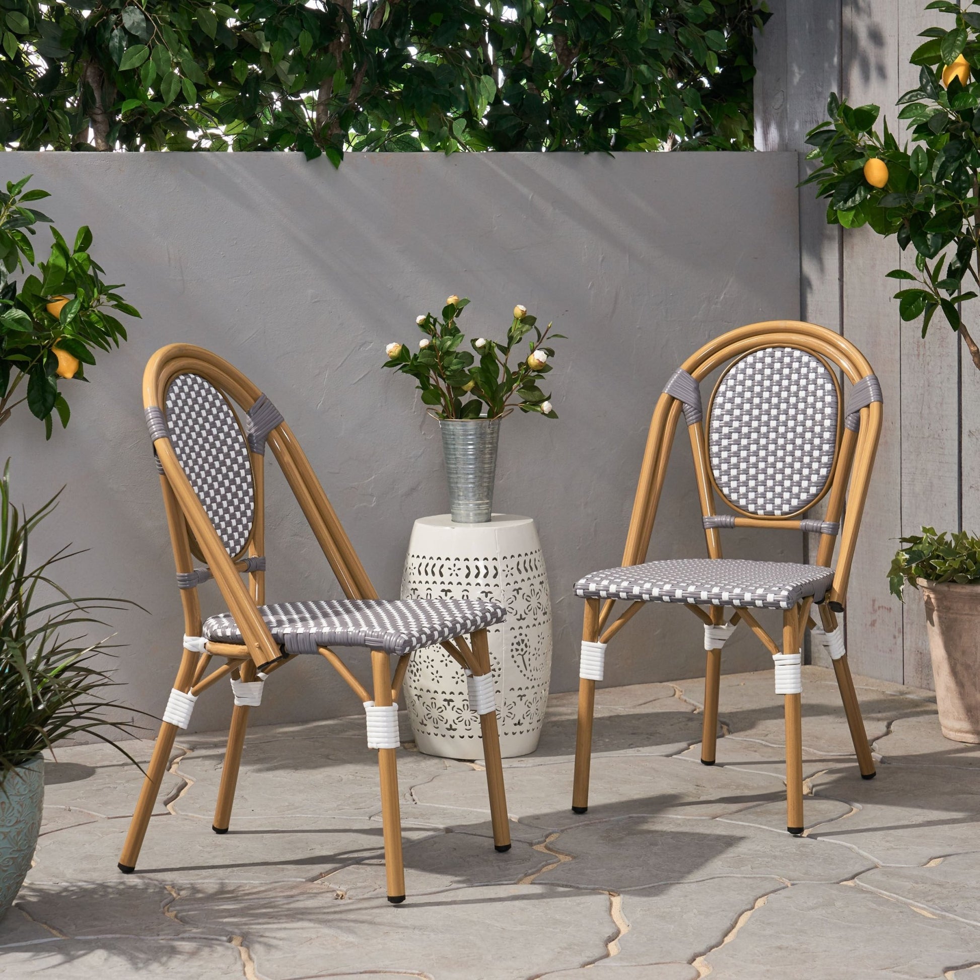 French Bistro Chair Set Outdoor Cafe Style White & Gray Rattan 18.50 x 21.50 x 35.00 inches - 1st Choice Furniture Direct