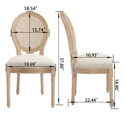 French Country Dining Chairs Set of 2, Upholstered Chairs with Nature Rattan Round Back, Wire drawing and carving techniques ,Disassemblable , for Living Room, Kitchen , Restaurant Use,Beige - 1st Choice Furniture Direct