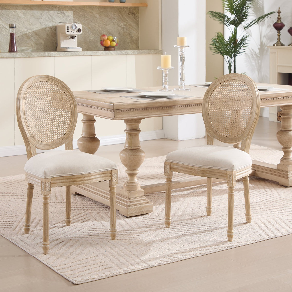 French Country Dining Chairs Set of 2, Upholstered Chairs with Nature Rattan Round Back, Wire drawing and carving techniques ,Disassemblable , for Living Room, Kitchen , Restaurant Use,Beige - 1st Choice Furniture Direct