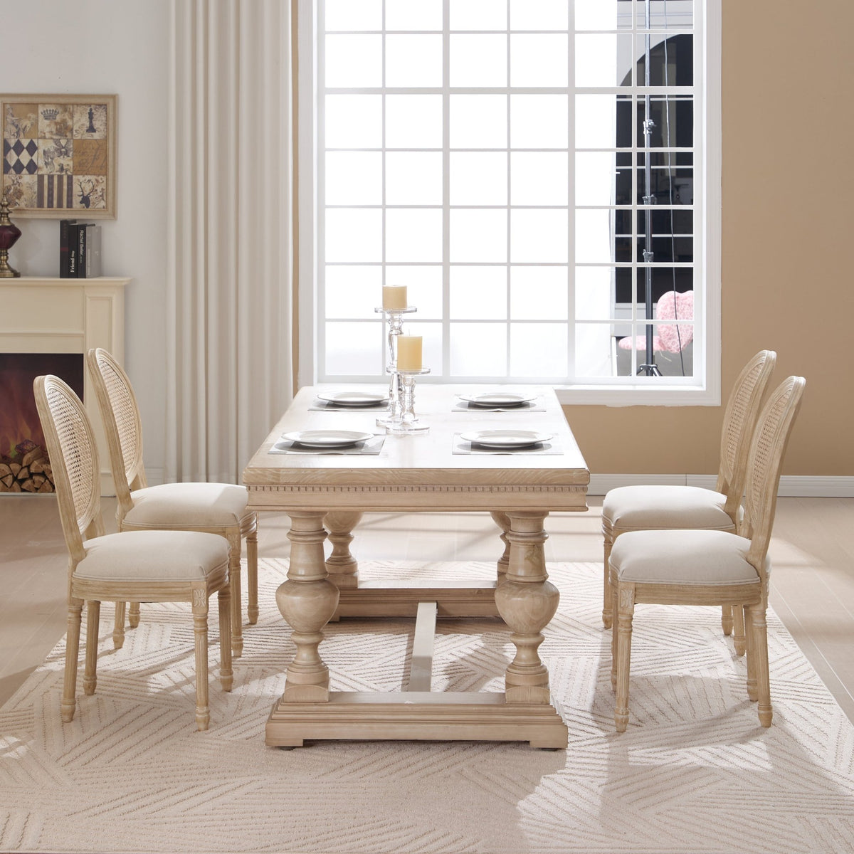 French Country Dining Chairs Set of 2, Upholstered Chairs with Nature Rattan Round Back, Wire drawing and carving techniques ,Disassemblable , for Living Room, Kitchen , Restaurant Use,Beige - 1st Choice Furniture Direct