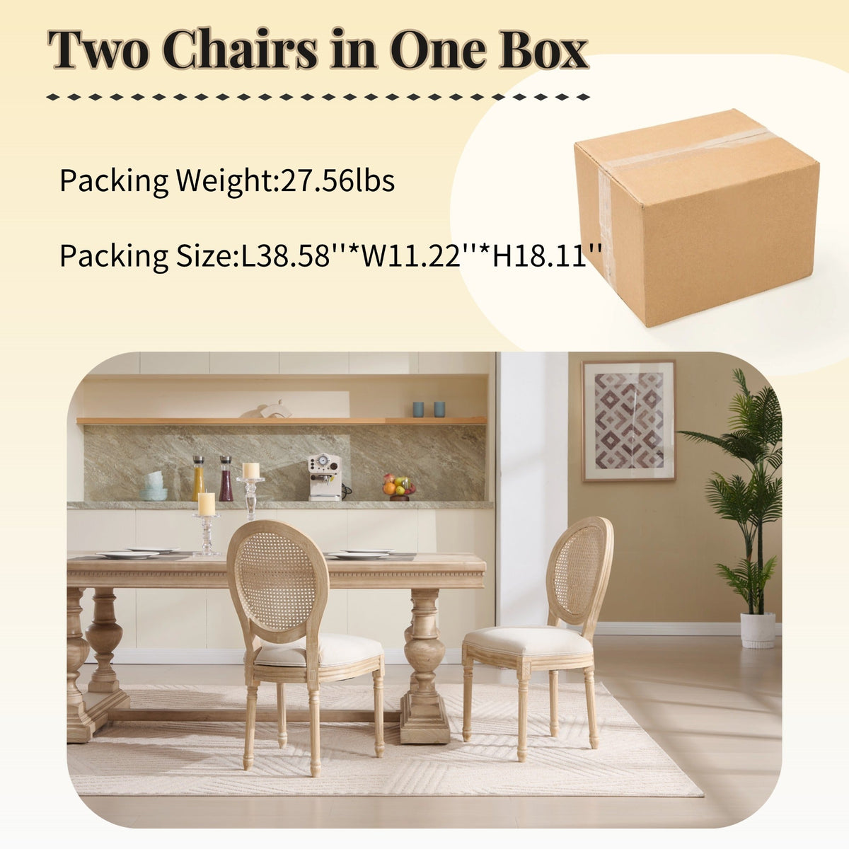French Country Dining Chairs Set of 2, Upholstered Chairs with Nature Rattan Round Back, Wire drawing and carving techniques ,Disassemblable , for Living Room, Kitchen , Restaurant Use,Beige - 1st Choice Furniture Direct