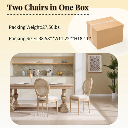 French Country Dining Chairs Set of 2, Upholstered Chairs with Nature Rattan Round Back, Wire drawing and carving techniques ,Disassemblable , for Living Room, Kitchen , Restaurant Use,Beige - 1st Choice Furniture Direct