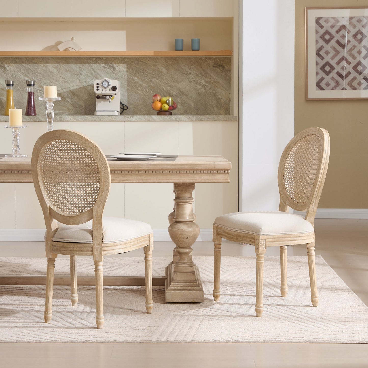 French Country Dining Chairs Set of 2, Upholstered Chairs with Nature Rattan Round Back, Wire drawing and carving techniques ,Disassemblable , for Living Room, Kitchen , Restaurant Use,Beige - 1st Choice Furniture Direct