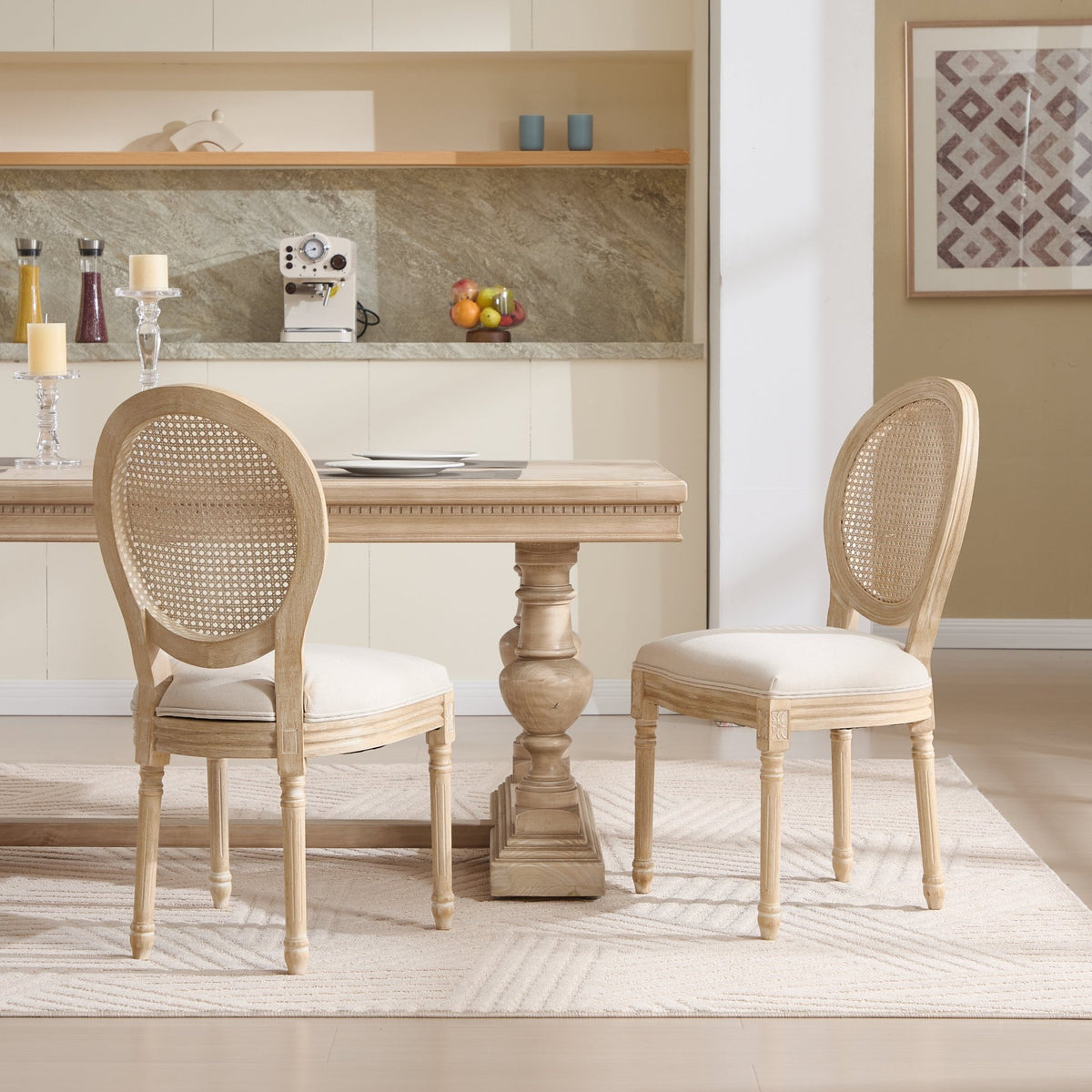 French Country Dining Chairs Set of 2, Upholstered Chairs with Nature Rattan Round Back, Wire drawing and carving techniques ,Disassemblable , for Living Room, Kitchen , Restaurant Use,Beige - 1st Choice Furniture Direct