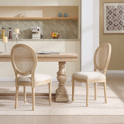 French Country Dining Chairs Set of 2, Upholstered Chairs with Nature Rattan Round Back, Wire drawing and carving techniques ,Disassemblable , for Living Room, Kitchen , Restaurant Use,Beige - 1st Choice Furniture Direct