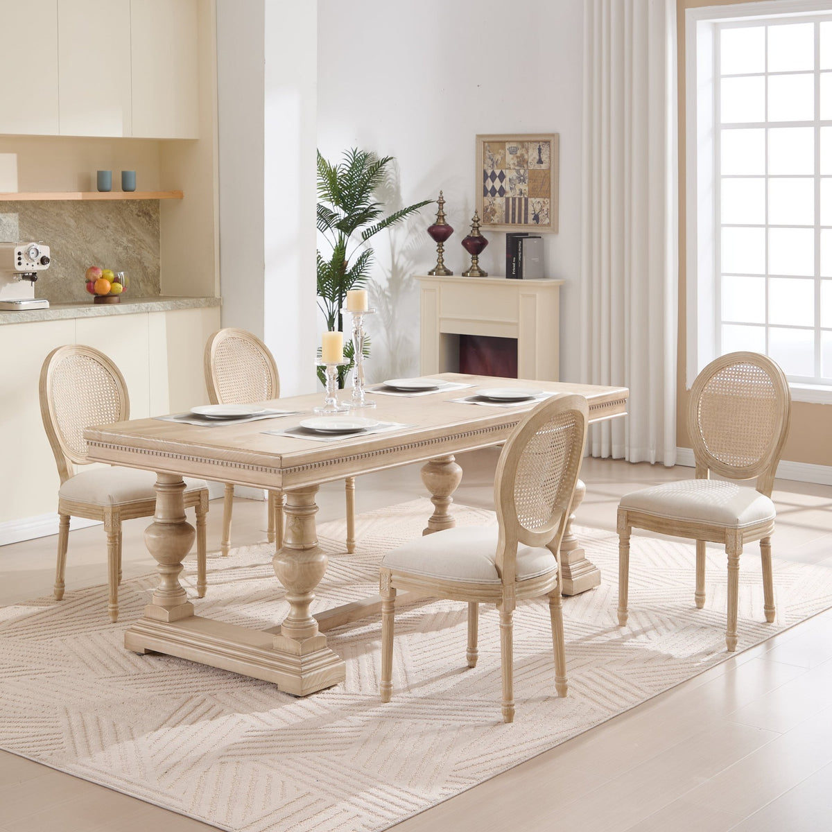 French Country Dining Chairs Set of 2, Upholstered Chairs with Nature Rattan Round Back, Wire drawing and carving techniques ,Disassemblable , for Living Room, Kitchen , Restaurant Use,Beige - 1st Choice Furniture Direct
