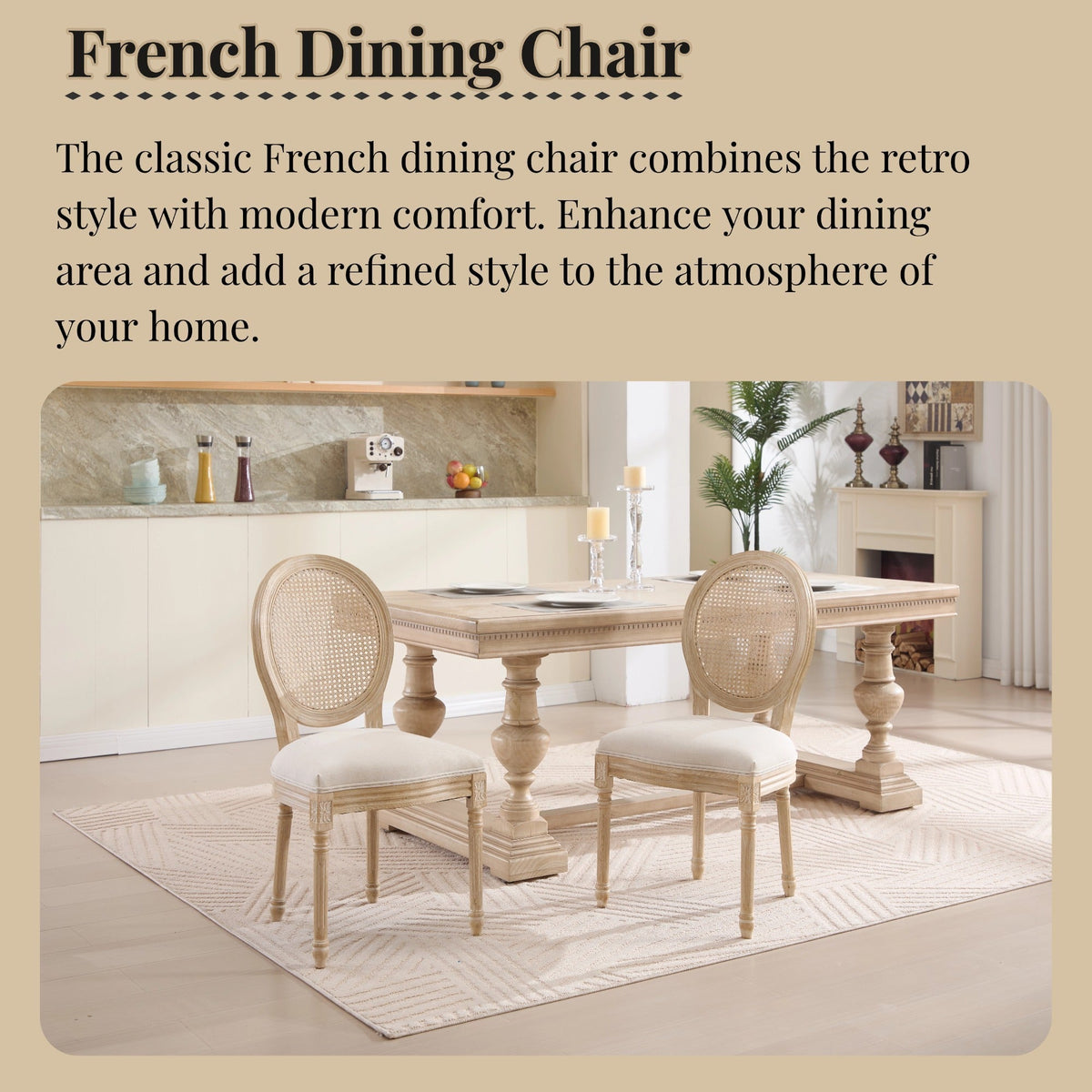 French Country Dining Chairs Set of 2, Upholstered Chairs with Nature Rattan Round Back, Wire drawing and carving techniques ,Disassemblable , for Living Room, Kitchen , Restaurant Use,Beige - 1st Choice Furniture Direct