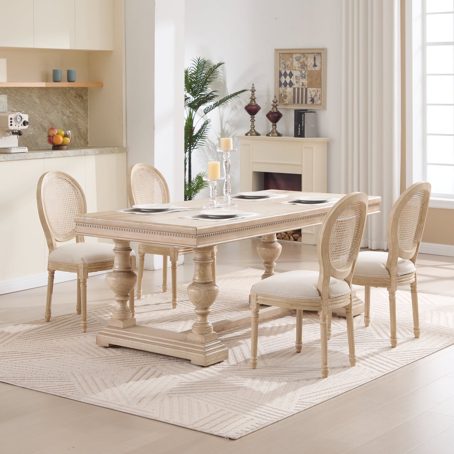 French Country Dining Chairs Set of 2, Upholstered Chairs with Nature Rattan Round Back, Wire drawing and carving techniques ,Disassemblable , for Living Room, Kitchen , Restaurant Use,Beige - 1st Choice Furniture Direct