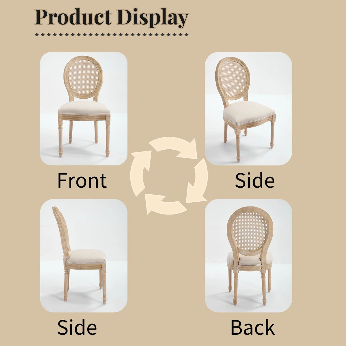 French Country Dining Chairs Set of 2, Upholstered Chairs with Nature Rattan Round Back, Wire drawing and carving techniques ,Disassemblable , for Living Room, Kitchen , Restaurant Use,Beige - 1st Choice Furniture Direct
