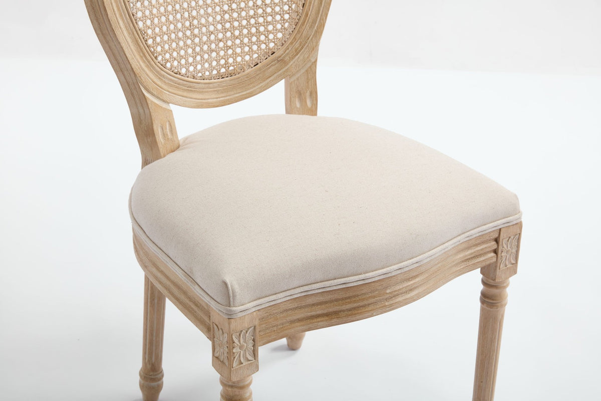 French Country Dining Chairs Set of 2, Upholstered Chairs with Nature Rattan Round Back, Wire drawing and carving techniques ,Disassemblable , for Living Room, Kitchen , Restaurant Use,Beige - 1st Choice Furniture Direct