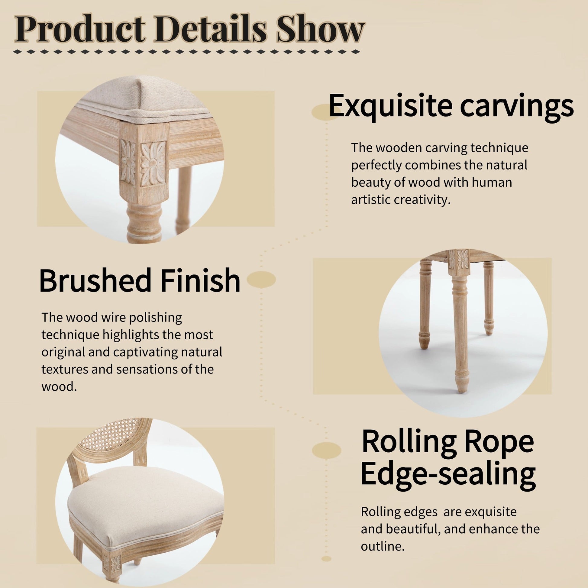 French Country Dining Chairs Set of 2, Upholstered Chairs with Nature Rattan Round Back, Wire drawing and carving techniques ,Disassemblable , for Living Room, Kitchen , Restaurant Use,Beige - 1st Choice Furniture Direct