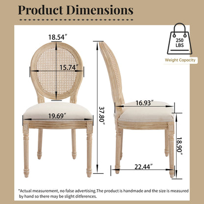 French Country Dining Chairs Set of 2, Upholstered Chairs with Nature Rattan Round Back, Wire drawing and carving techniques ,Disassemblable , for Living Room, Kitchen , Restaurant Use,Beige - 1st Choice Furniture Direct
