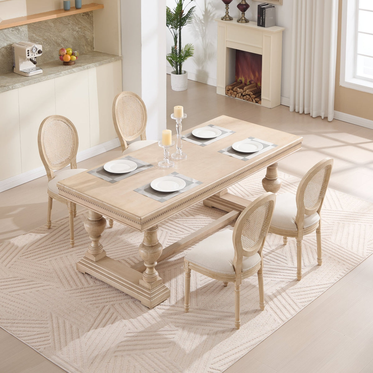 French Country Dining Chairs Set of 2, Upholstered Chairs with Nature Rattan Round Back, Wire drawing and carving techniques ,Disassemblable , for Living Room, Kitchen , Restaurant Use,Beige - 1st Choice Furniture Direct