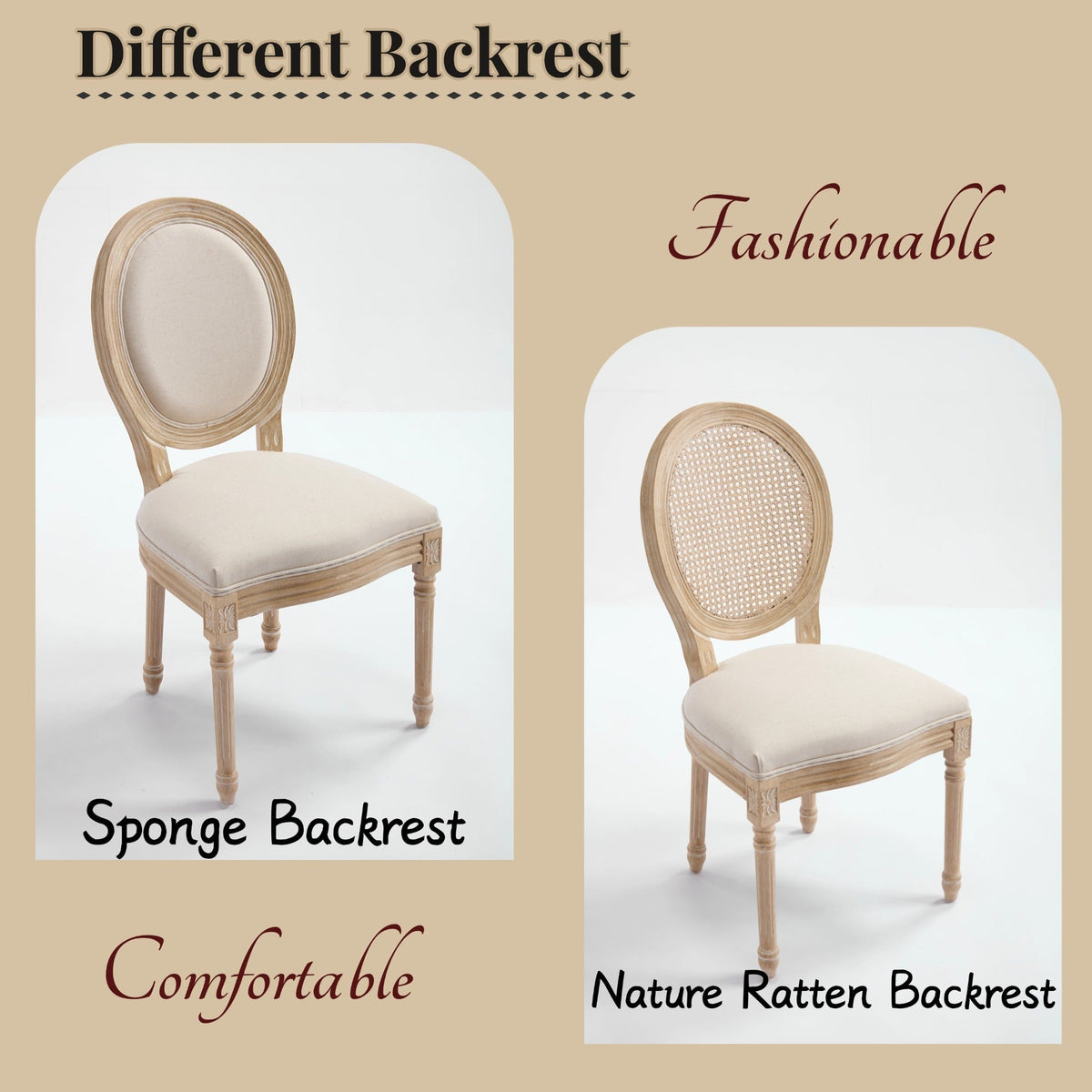 French Country Dining Chairs Set of 2, Upholstered Chairs with Nature Rattan Round Back, Wire drawing and carving techniques ,Disassemblable , for Living Room, Kitchen , Restaurant Use,Beige - 1st Choice Furniture Direct