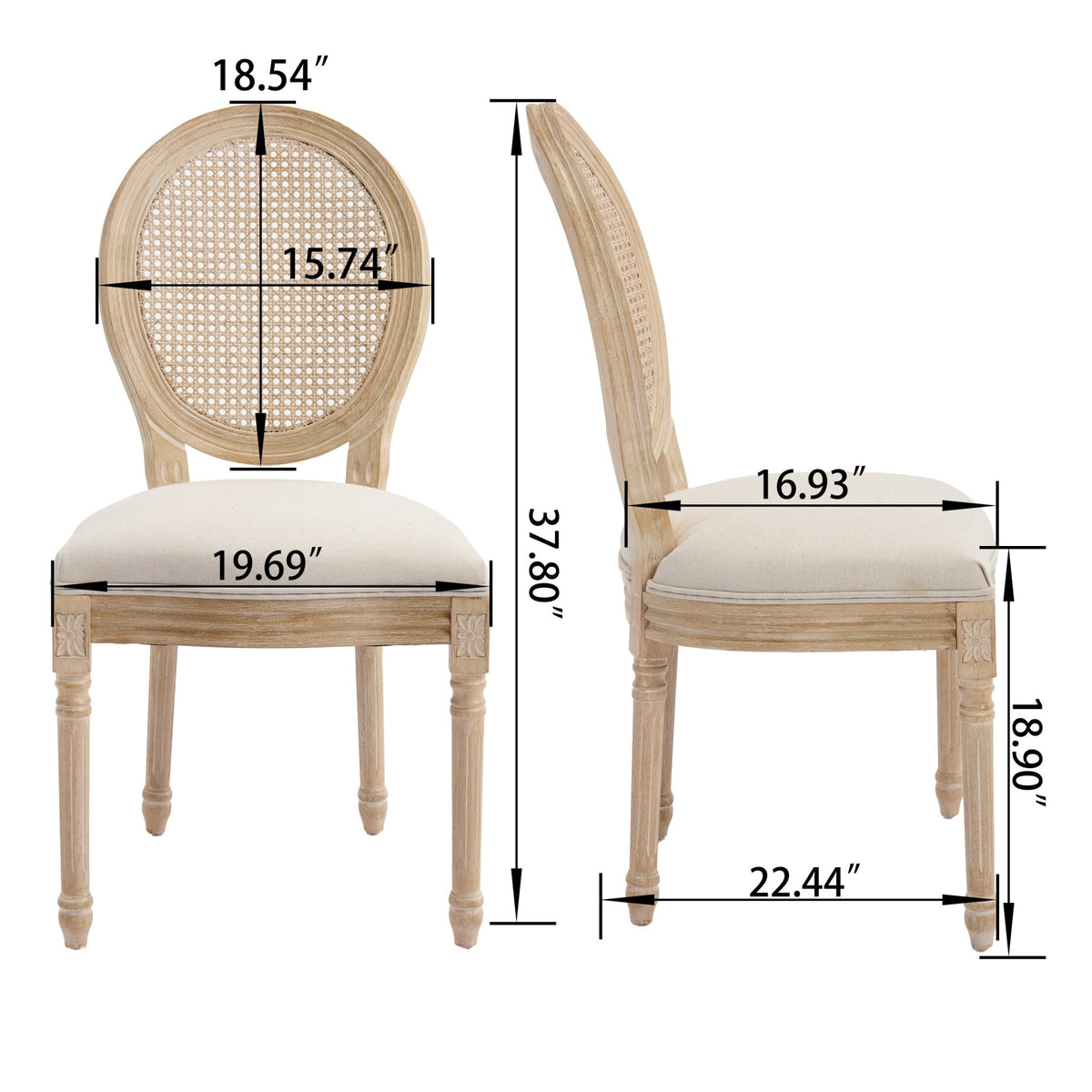 French Country Rattan Dining Chair Set of 2 with Linen Upholstery - 1st Choice Furniture Direct