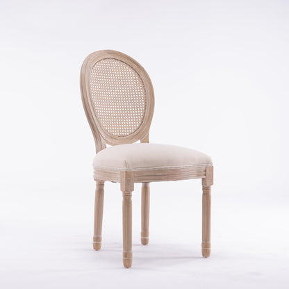 French Style Solid Wood Frame Linen Fabric Rattan Back Dining Chair,Set of 2,Cream - 1st Choice Furniture Direct
