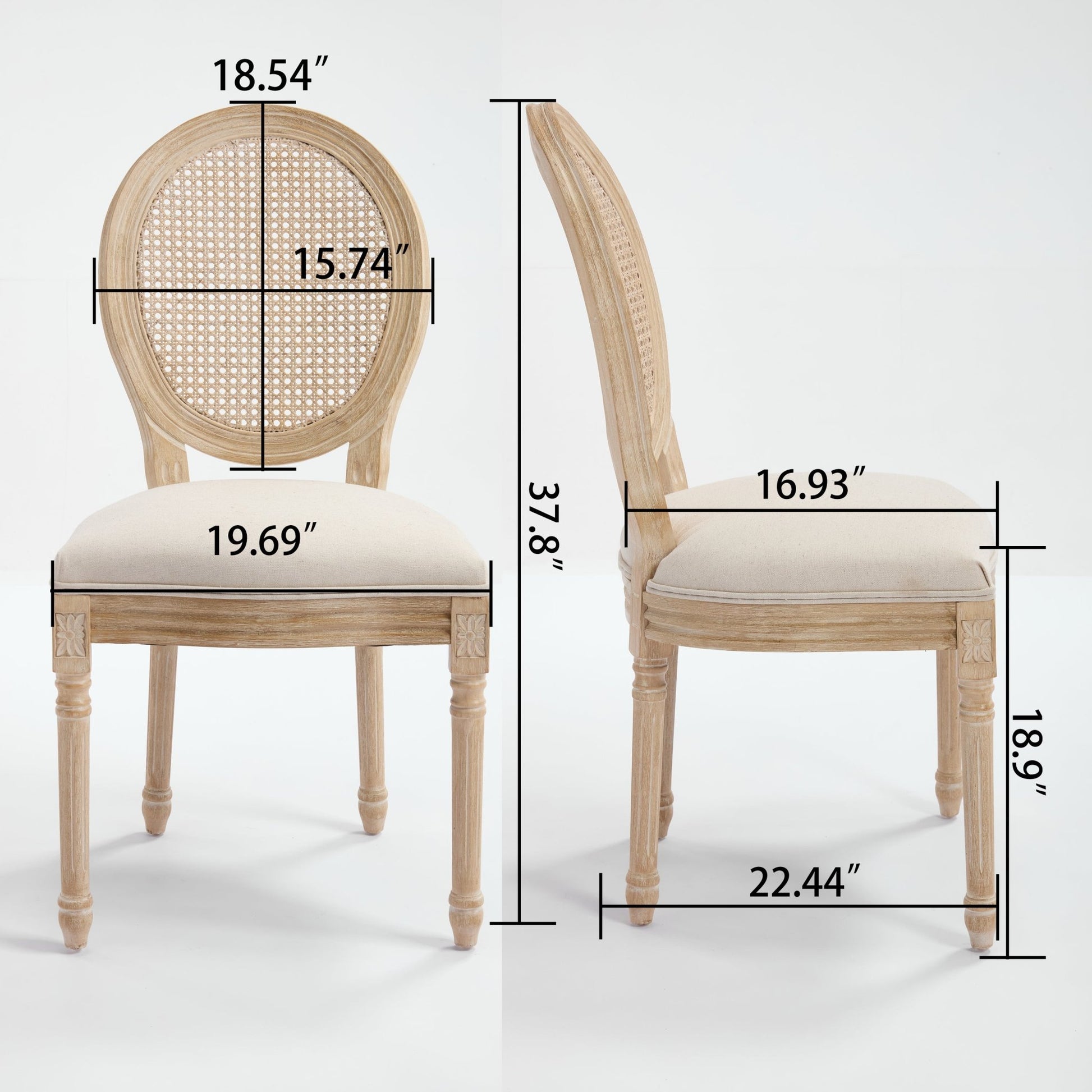 French Style Solid Wood Frame Linen Fabric Rattan Back Dining Chair,Set of 2,Cream - 1st Choice Furniture Direct