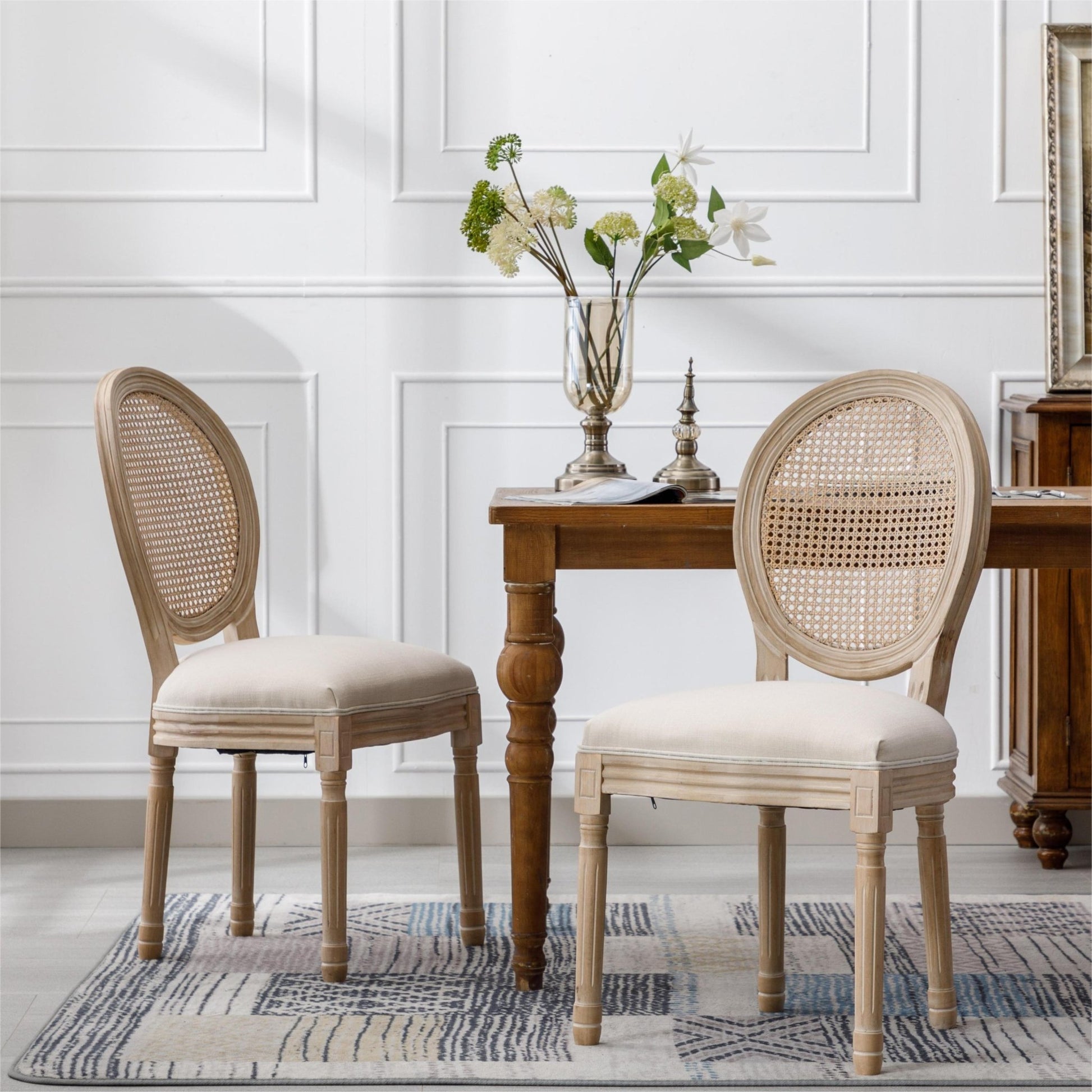 French Style Solid Wood Frame Linen Fabric Rattan Back Dining Chair,Set of 2,Cream - 1st Choice Furniture Direct