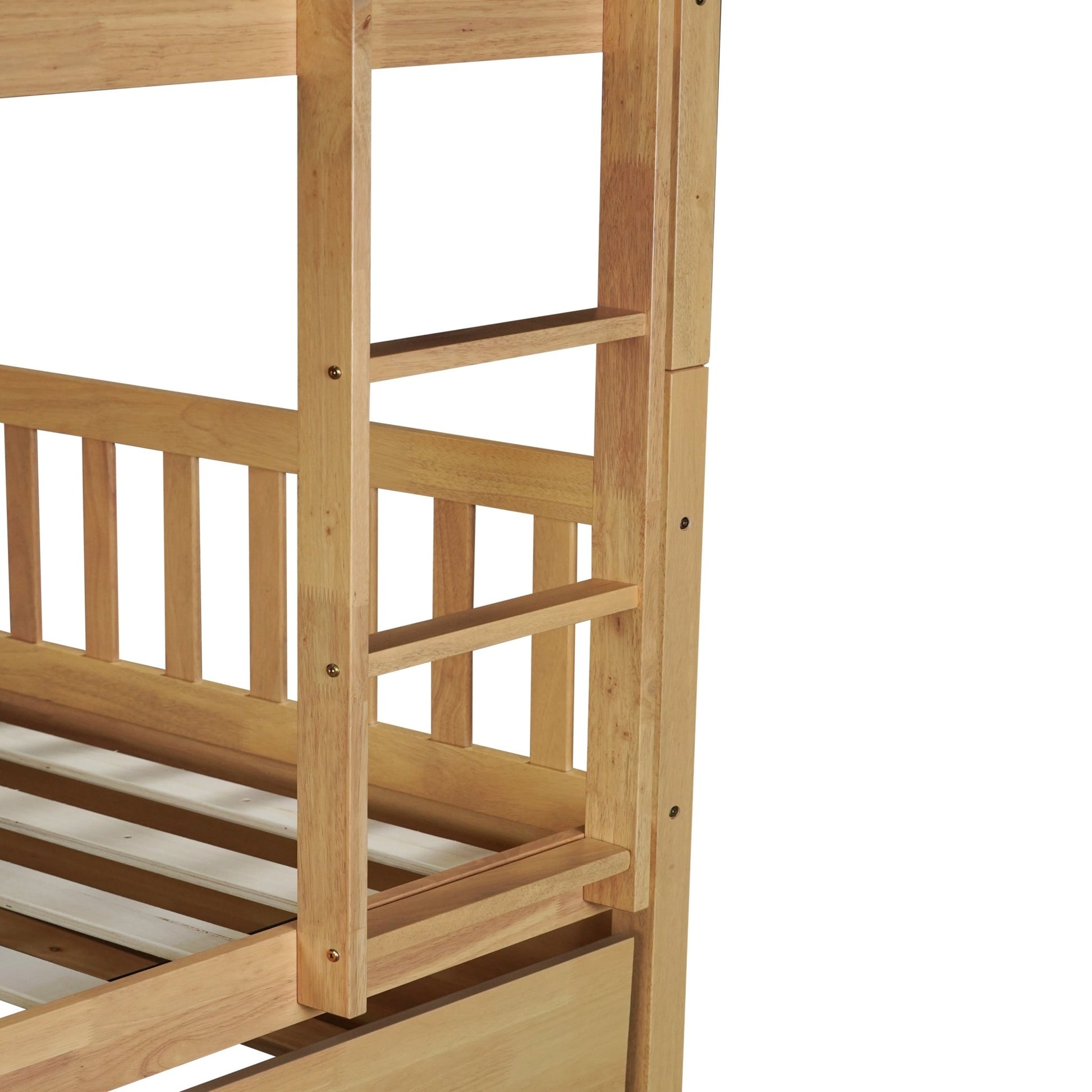 Full Over Full Rubber Wood Bunk Bed with Trundle, Ladder and Guardrails, Convertible to 2 Full Size Beds, with Twin Size Trundle,White Oak - 1st Choice Furniture Direct
